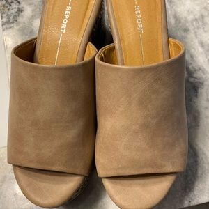 Size 6 Taupe open toe wedge with snake print heel